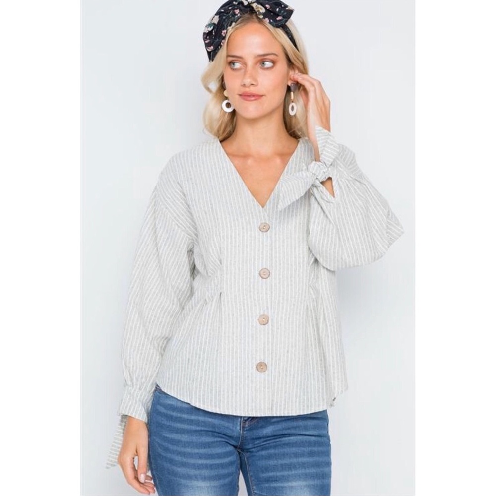 V neck Button Down Blouse with Ties Linen Top